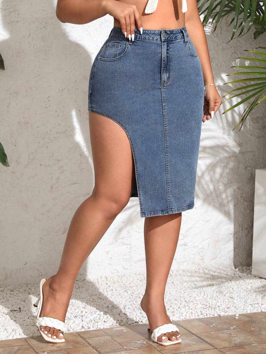 SHEIN VCAY Chân váy denim viền bất đối xứng cỡ lớn - Rửa trung bình - Xem 1