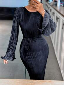 SHEIN Cottnline Women's Solid Color Flare Sleeve Dress - Navy Blue - View 5