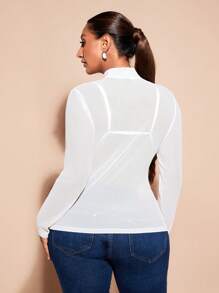 SHEIN BAE 大码立领透视长袖上衣 - 白色 - 查看 2