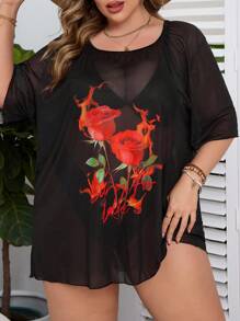 SHEIN Swim Curve 大码 V 领分体式泳衣套装，带花卉印花罩衫，夏季