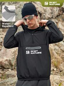 SHEIN In My Nature Men's Hooded Outdoor Casual Jacket With Letter Print - Black - View 1