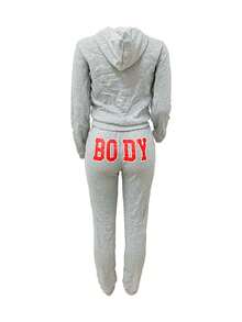 Women's Solid Color Hooded Sweatshirt With Letter Print And Pocket, Sports Set (European And American Style) - Light Grey - View 2