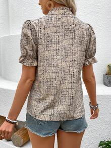 SHEIN VCAY 女式印花短泡泡袖上衣 - 卡其色 - 查看 4