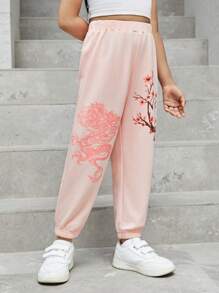 SHEIN Young Girls' Cool Street Style Flower & Dragon Print Jogger Sweatpants With Elastic Cuffs