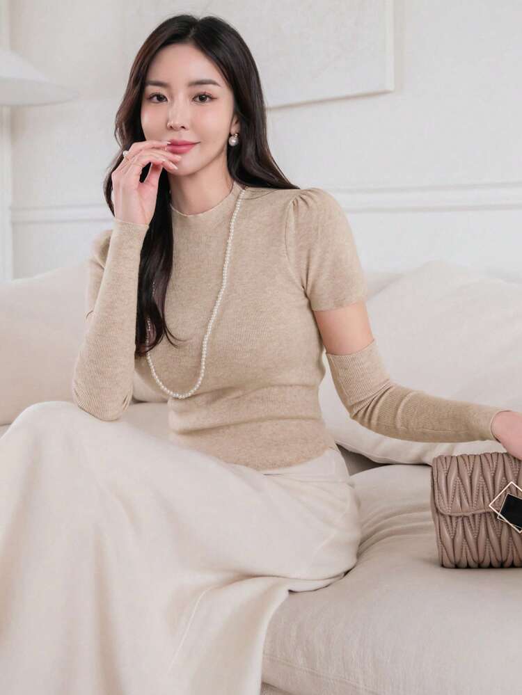 Solid Color Slim Fit Knit Top With Ribbing