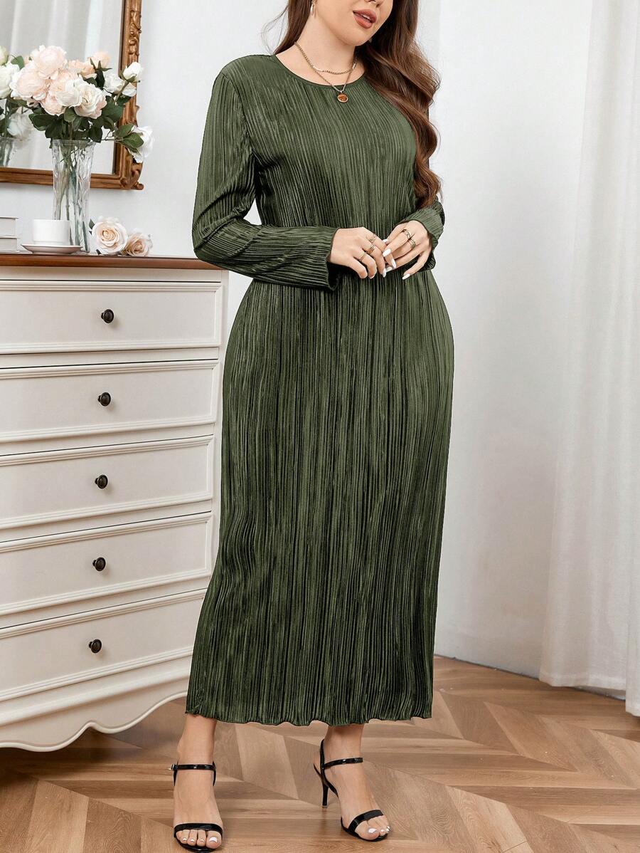 SHEIN Privé Plus Size Elegant Romantic Round Neck Pleated Straight Long Dress For Women, Spring/Summer - Army Green - View 1