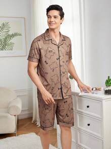 Men's Bear Printed Short Sleeve Top & Shorts Summer Homewear Set With Collar