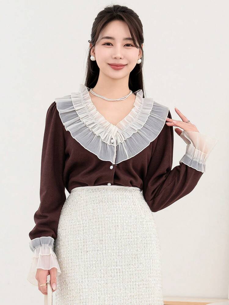 Women's Color Block Ruffle Hem Patchwork T-Shirt,Fall Clothes Long Sleeve Women Tops