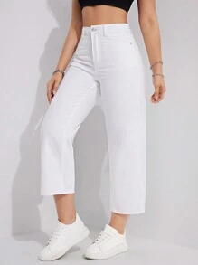 SHEIN ICON 大码女式休闲宽松直筒浅蓝色无弹力牛仔裤 - 白色 - 查看 3