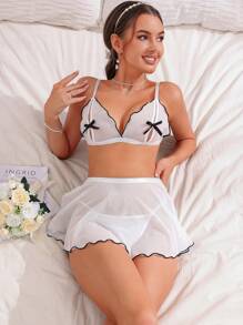 女式蝴蝶結裝飾網狀性感內衣3入組(無鋼圈胸罩、上衣、丁字褲、迷你裙) - 白色 - 查看 1