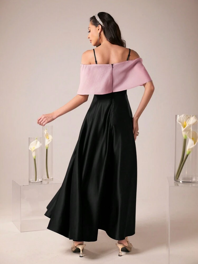Women's Cold Shoulder Patchwork Dress,Elegant Evening Party Dress Long Evening Dresses