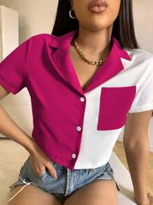 Zolique 女士拼色翻领短袖衬衫、短袖上衣 - 彩色 - 查看 3