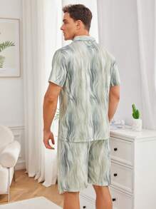 Men's Printed Button Down Short Sleeve Shirt With Pocket And Shorts Homewear Set