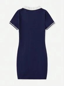 SHEIN Chicas adolescentes Vestido con estampado de letra de cuello en contraste - Azul Marino - Ver 2