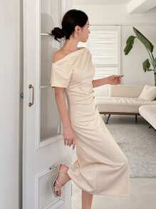 DAZY Solid Color Split Dress For Women Sundress - Apricot - View 1