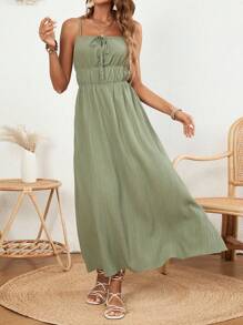 SHEIN VCAY 女士純色褶皺前面帶前綁結的肩帶連衣裙 - 綠色 - 查看 3