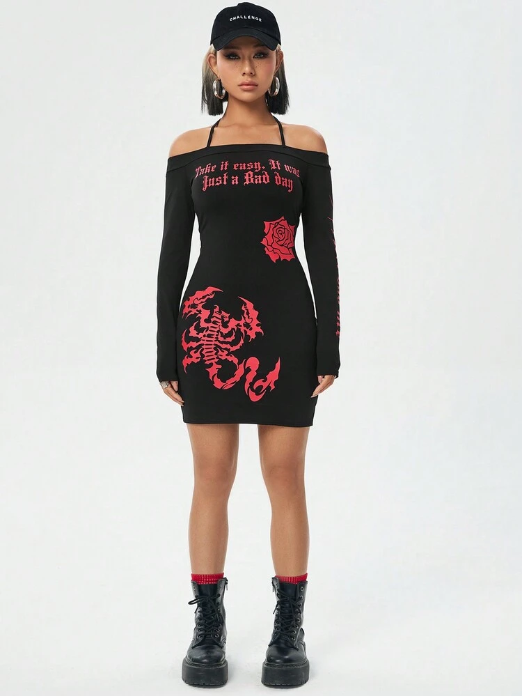 Off Shoulder Bodycon Dress With Scorpion Slogan Print And Halter Neckline