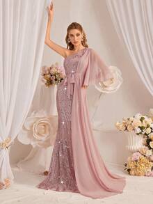 Women's Asymmetrical Neck Sequined Evening Gown Elegant Formal Prom Wedding Guest Dress, For Graduation, Dinner Party Dress - Pink - View 5
