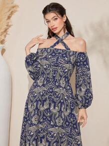Al Najma Full Print Crisscross Halter Lantern Sleeve Fuzzy Hemline Dress, Belt Not Included - Blue - View 3