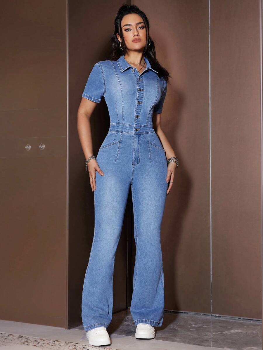 SHEIN EZwear 女士鈕扣前洗水牛仔連體褲 - 淺色水洗藍 - 查看 1