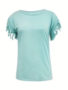 Solid Color Loose Fit Casual T-Shirt With Tassel Hem - Green - View 3