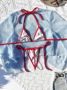 SHEIN Swim Set da bikini con collo alla francese a conchiglia, set da bikini separato da spiaggia estiva