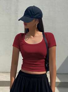 DAZY 纯色罗纹针织短款修身短袖 T 恤 夏季 - 紅色 - 查看 4