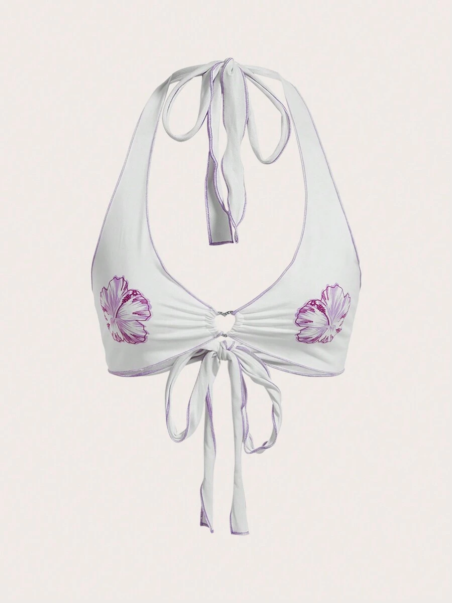 SHEIN ICON 女士白色花卉印花領口背心 - 紫丁香色 - 查看 1