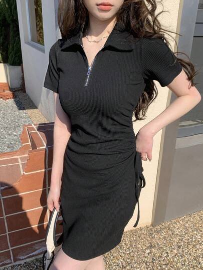 DAZY 纯色半拉链前抽绳侧裙太阳裙，休闲女装