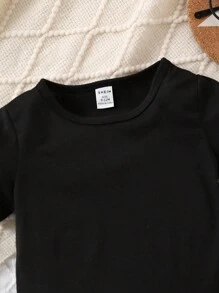 SHEIN 女婴休闲纯色短袖圆领T恤，适合夏季 - 黑色 - 查看 3