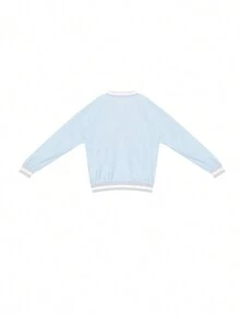 女士字母印花 V 领长袖运动衫 - 藍色 - 查看 4