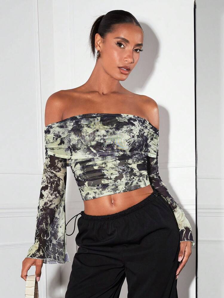 Abstract Nature Texture Flower Print Off Shoulder Top With Flare Sleeve And Pleats Streetwear T-Shirt Ideal For Street Date, Music Festival And Concert Outfits