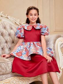 SHEIN Tween Girls' Floral Print Dress With Fitted Waist, Puff Sleeves And Peter Pan Collar - Red - View 1