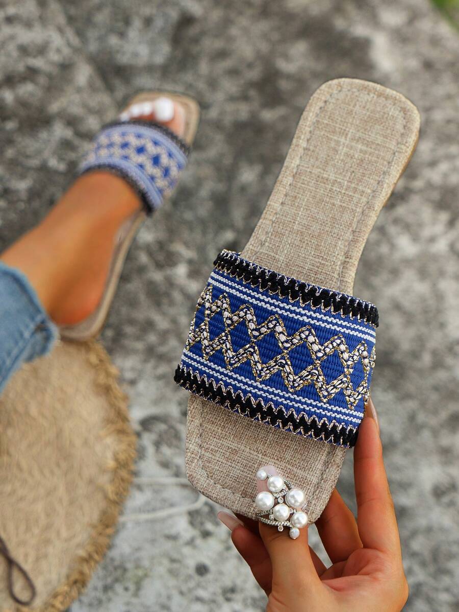 WRCVS 女款夏季平底藍色刺繡風格拖鞋,適合派對和海灘