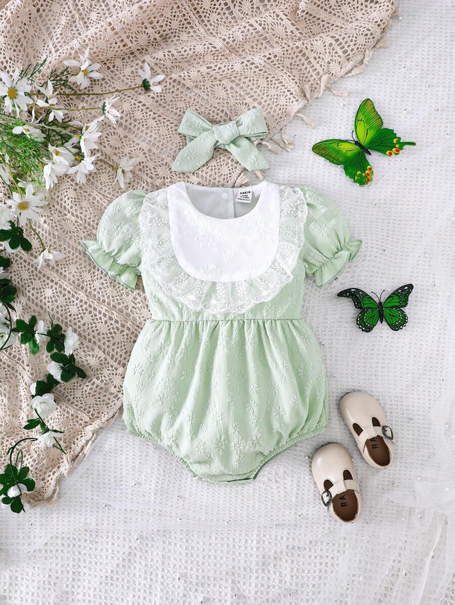 Body dla dziewczynki Baby Patchwork Koronkowe Okrągłe Dekolt Krótkie Bufiaste Rękawy - Zielony - Zobacz 1