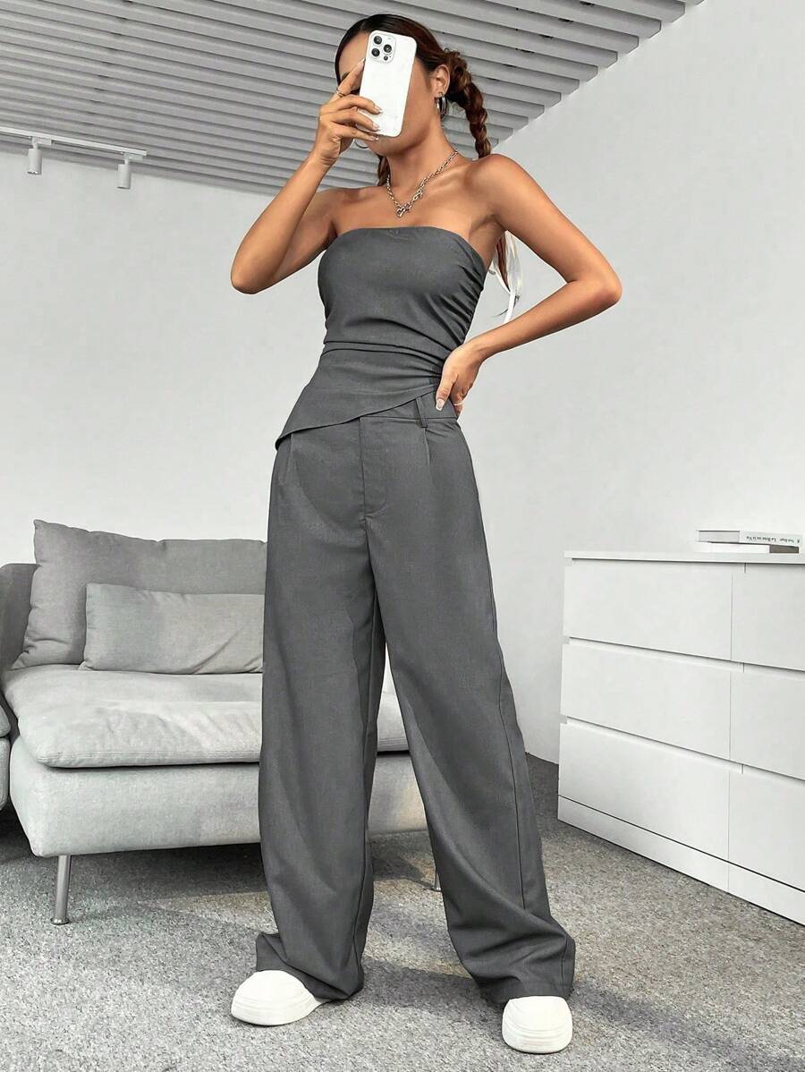 Flirla 純色抹胸&闊腿褲 - 深灰色 - 查看 1