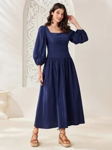 Mulvari Vestido De Manga De Linterna Con Cuello Cuadrado De Estilo Árabe Para Mujer - Azul Marino - Ver 5