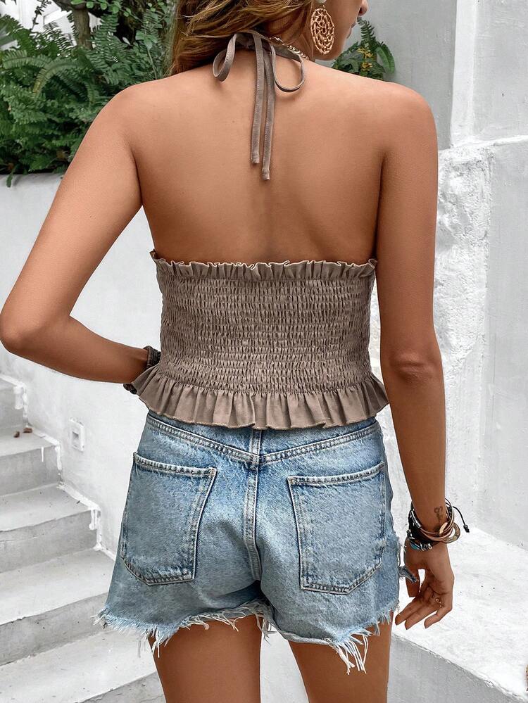 Women's Halter Neck Tank Top With Ruffle Hem