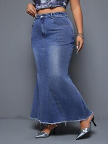 SHEIN CURVE+ 大码女式牛仔弹力蓝色时尚性感美人鱼裙