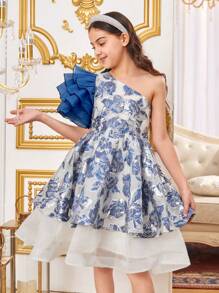 SHEIN Leap Crew Tween Girls' Cute Ruffle Ruffle Trimmed Midi Dress With Empire Waist - Blue - View 3