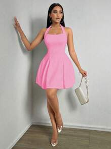 Zolique Của phụ nữ Màu thuần Halter Neck Đầm - Hồng - Xem 5