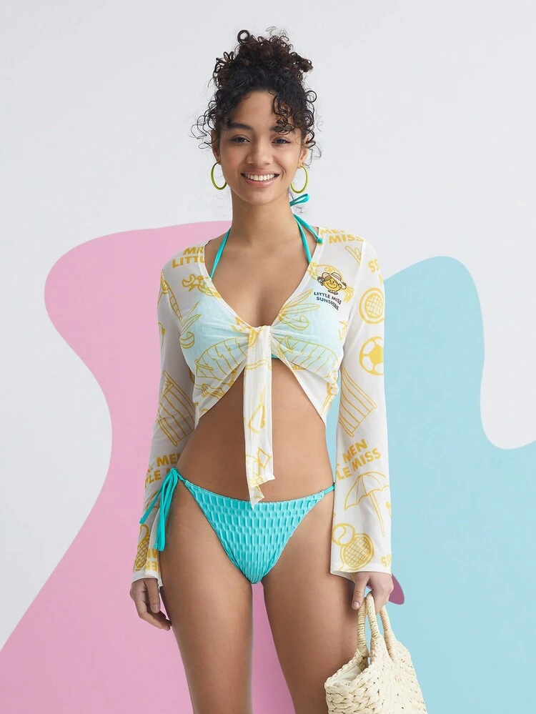 Cartoon And Letter Graphic Tie Front Crop Top