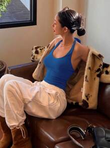 DAZY 純色圓領修身露肩背心上衣 - 寶藍色 - 查看 4