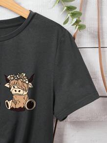 SHEIN LUNE Western Cow Print Crew Neck Short Sleeve Fitted Women T-Shirt, Contains Cotton, Suitable For Summer