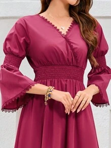 Mulvari Burgundy Red Women's Contrast Lace Waist Shirred Trumpet Sleeve Arabian Dress - Burgundy - View 4