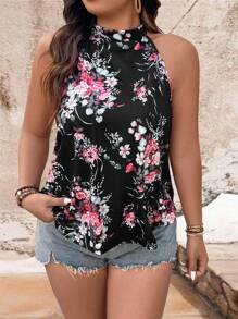 SHEIN LUNE Plus Size Floral Print Halter Neck Top