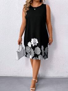 SHEIN LUNE Vestido Sin Mangas De Talla Grande Con Estampado De Flores - Blanco y Negro - Ver 5