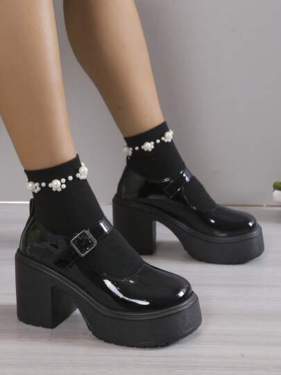 Goth Women's New Arrivals Black Patent Leather Retro School Style Mary Jane Shoes With Buckle Strap, Wedge Heels & Thick Platform, Spring And Autumn 2024