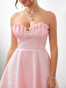 SHEIN Belle Women's Romantic And Beautiful Off-The-Shoulder Pink Jacquard Fabric Chiffon Strapless Dress With Shell Chest Design And A-Line Dress For Suitable For Music Festival Graduation Season Formal Cocktail Dress - Pink - View 2