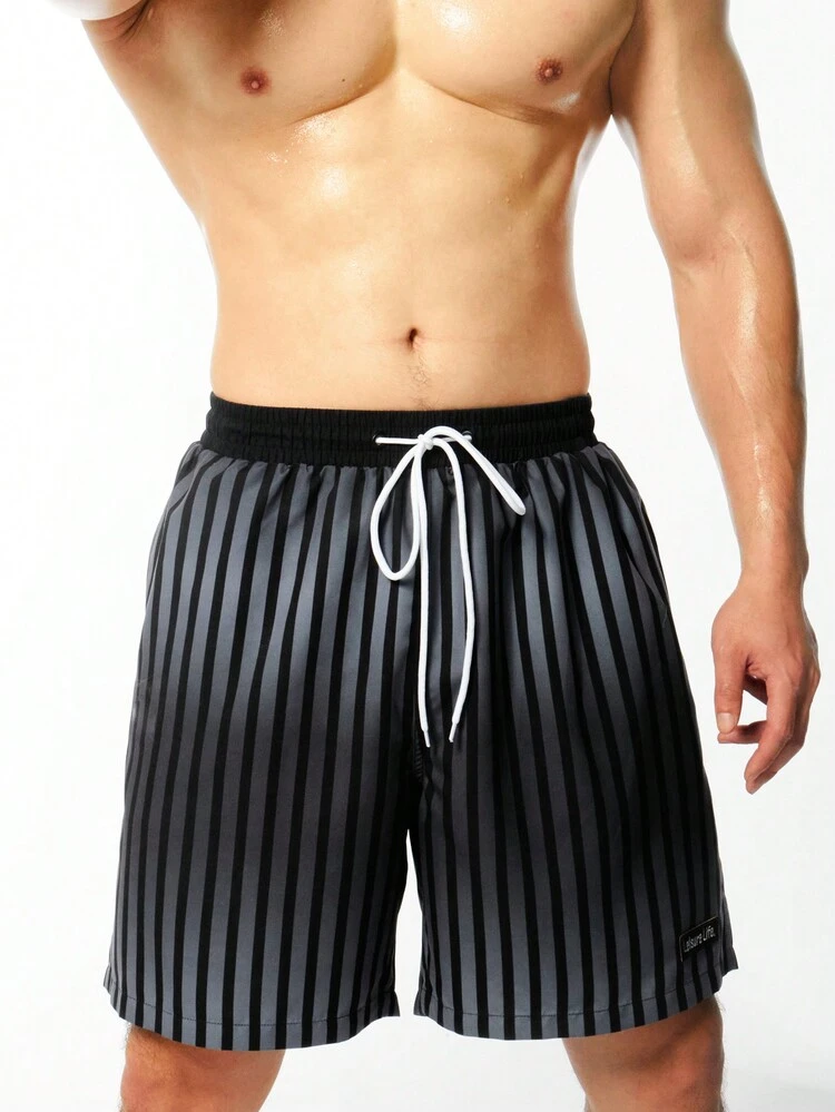 Men's Striped Drawstring Waist Swim Trunks